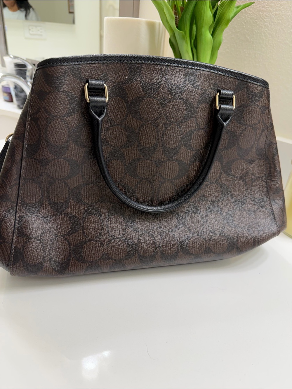Coach Brown Signature Satchel with Black Handles